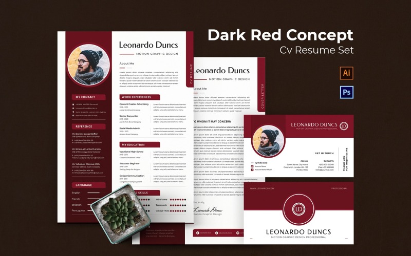 Conjunto de currículo da carta de apresentação do conceito vermelho escuro