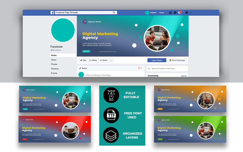 Dijital Pazarlama Facebook Kapağı - 4 Renk Varyasyonu