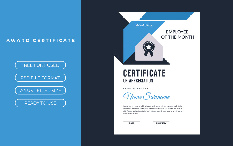Modèle de certificat de récompense avec une forme élégante