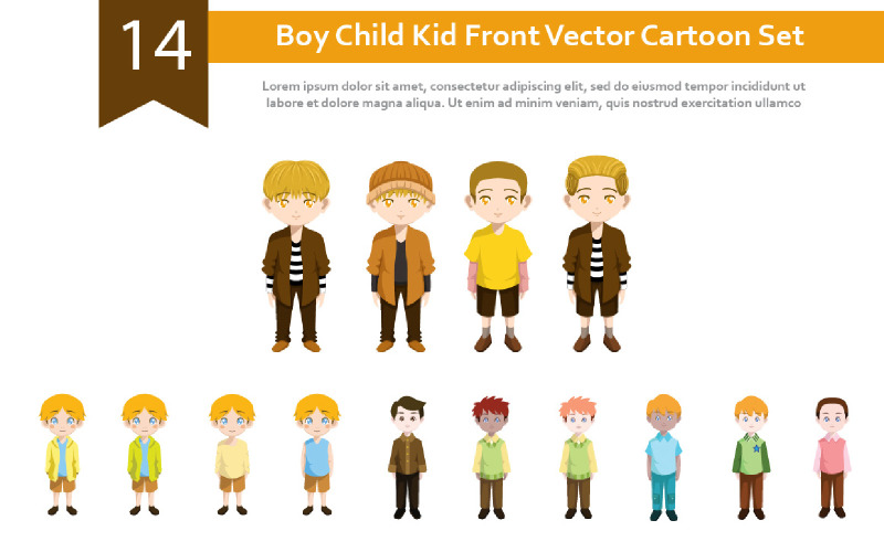 14 Boy Child Kid Front Vector Cartoon Set Illustration