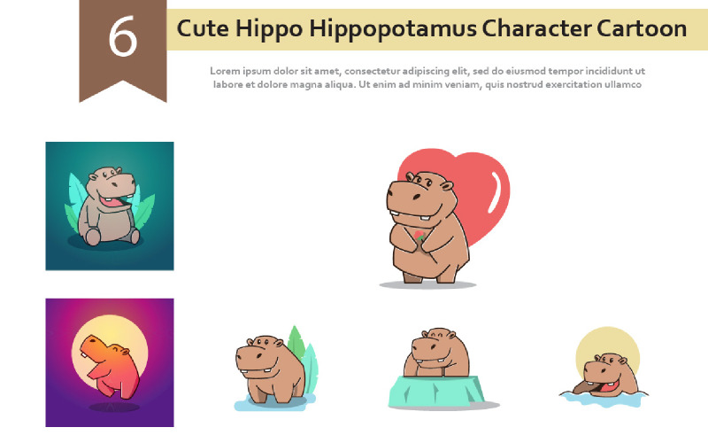 6 Cute Hippo Hippopotamus Character Cartoon Illustration