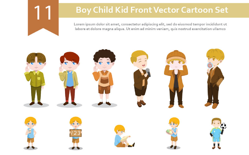 11 Junge, Kind, Kind, Vorderseite, Vektor, Karikatur, Satz, Illustration