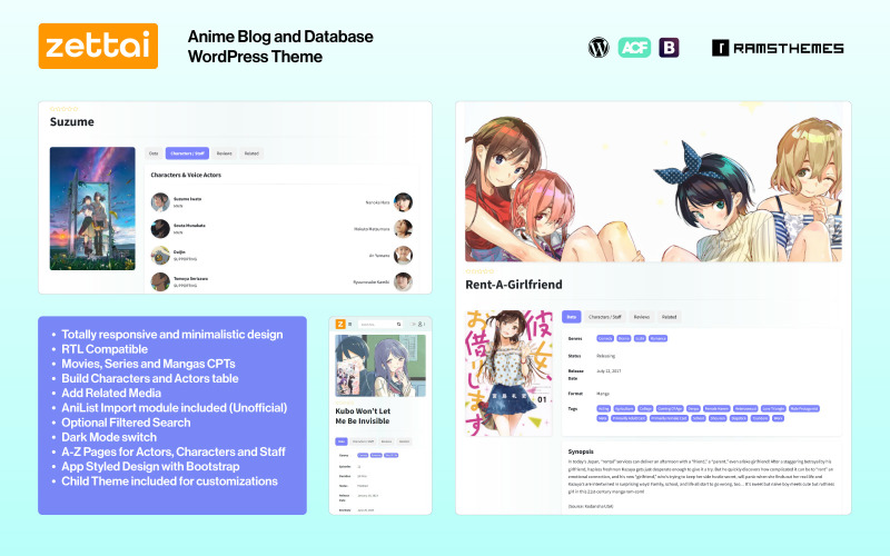 ZETTAI - Thème WordPress pour blog et base de données d'anime + RTL