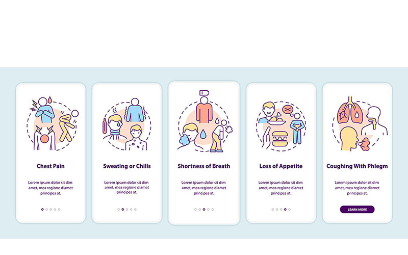 Pantalla de la página de la aplicación móvil de incorporación de síntomas de neumonía