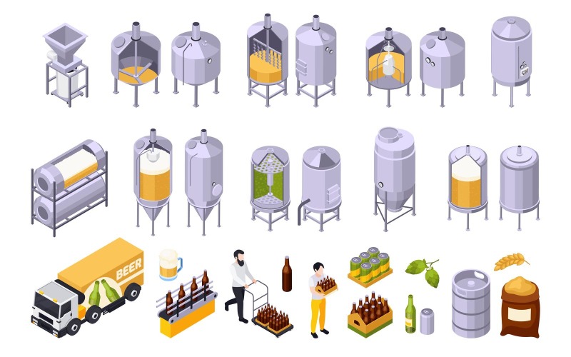 Brauerei-Bier-Produktion isometrischer Satz 210203904 Vektor-Illustrations-Konzept