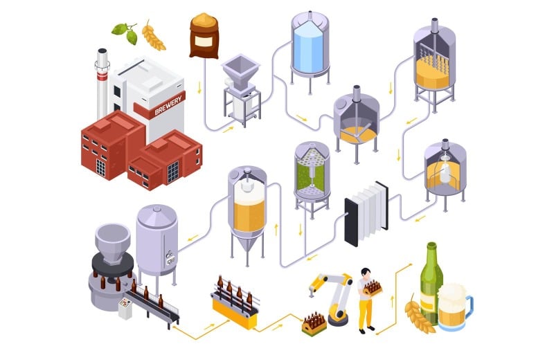 Producción de cerveza de cervecería isométrica 210203906 concepto de ilustración vectorial