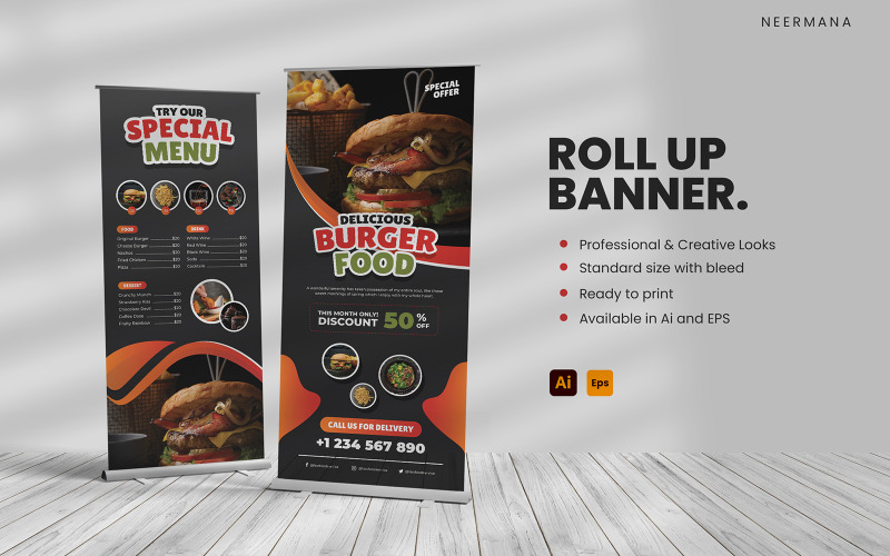 Modelo de identidade corporativa para Food Roll Up Banner
