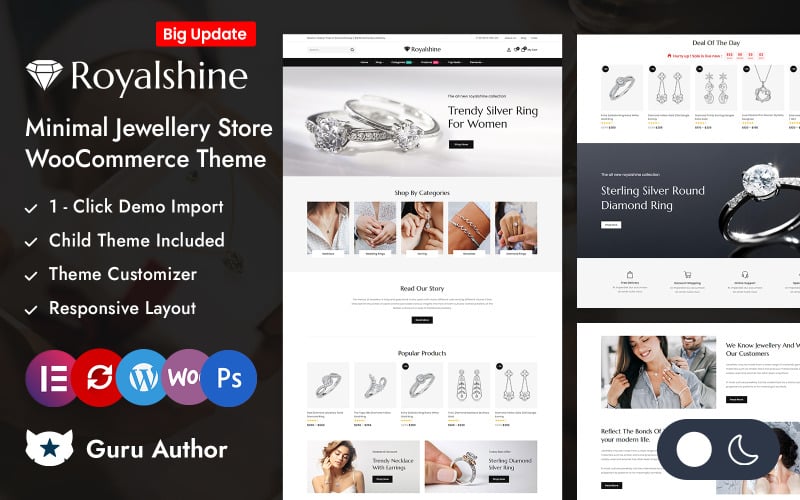 Royalshine - Tema responsivo WooCommerce Elementor para tienda de joyería minimalista