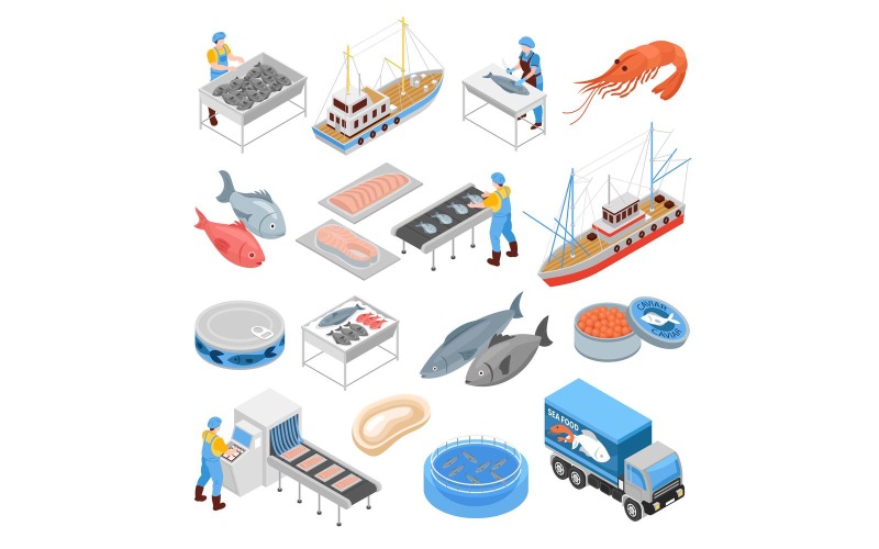 Izometrické rybářské výrobní sada 201112131 vektorové ilustrace koncept