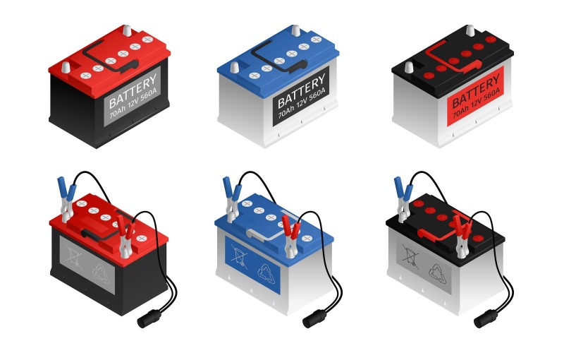Isometrisch autobatterijkleurenset 201250417 Vectorillustratieconcept