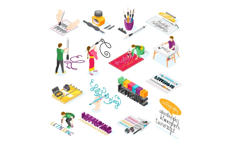 Hobby Calligraphy Isometric Icons 210130110 Vector Illustration Concept