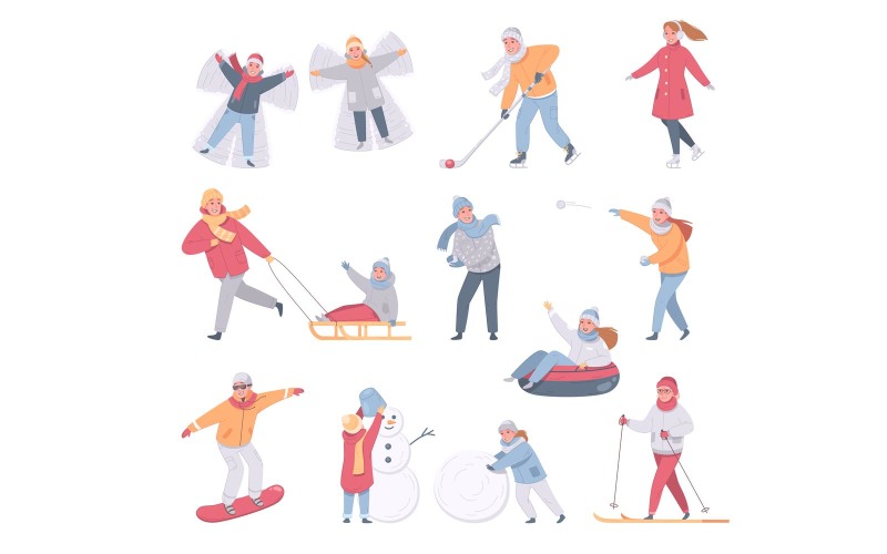 Conjunto de dibujos animados de actividad de ocio de deportes de invierno 210120309 Concepto de ilustración vectorial