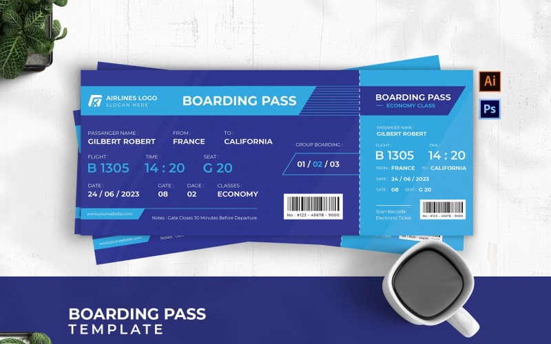 Blått modernt flygboardingkort