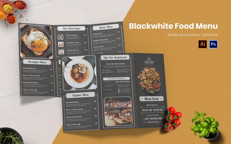 Czarno-białe menu żywności koncepcyjnej
