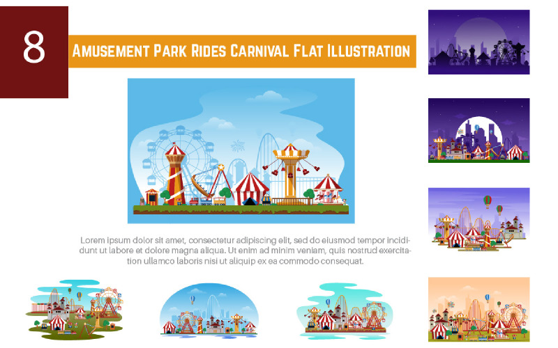 8 attractions de parc d'attractions Carnival Flat Illustration