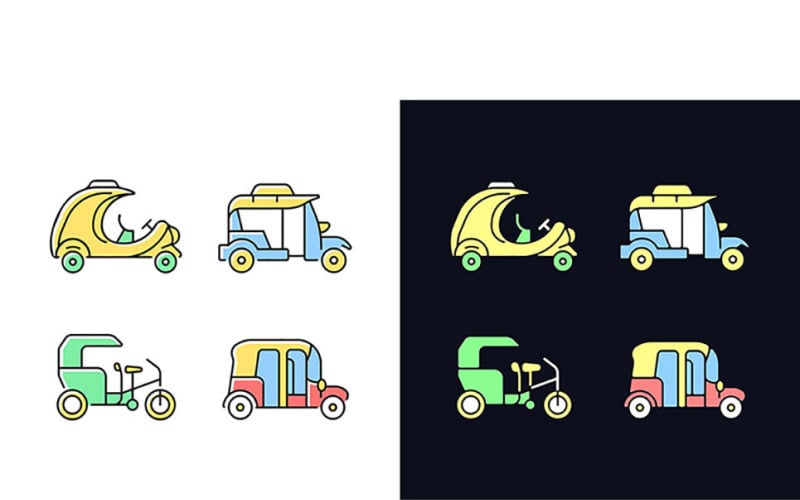 Conjunto de ícones de cores RGB com tema claro e escuro para reserva de táxi