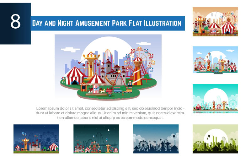 8 dag och natt nöjespark platt illustration