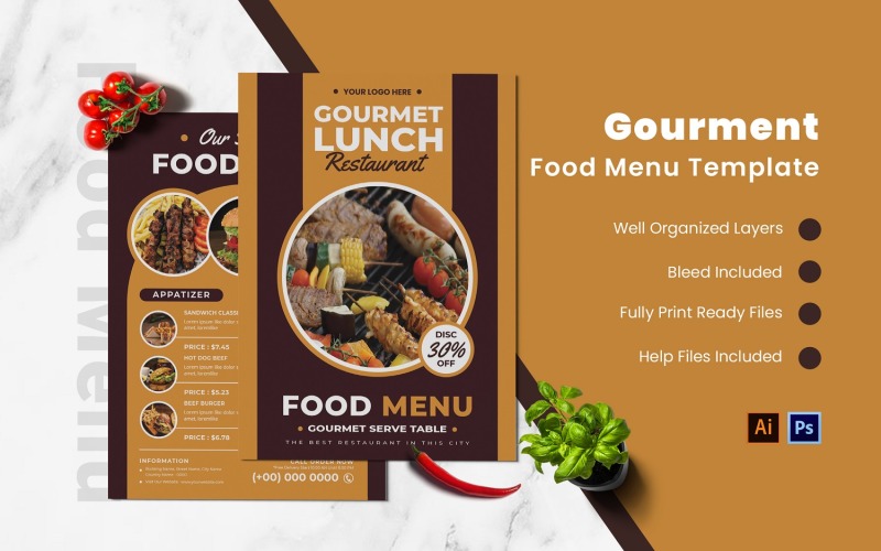 Modello di menu di cibo gourmet
