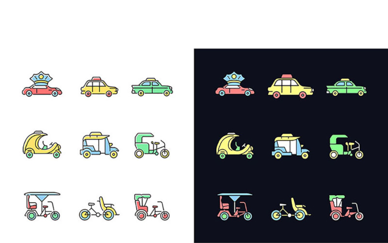 Taxík Typy Světlé A Tmavé Téma RGB barevné ikony Set
