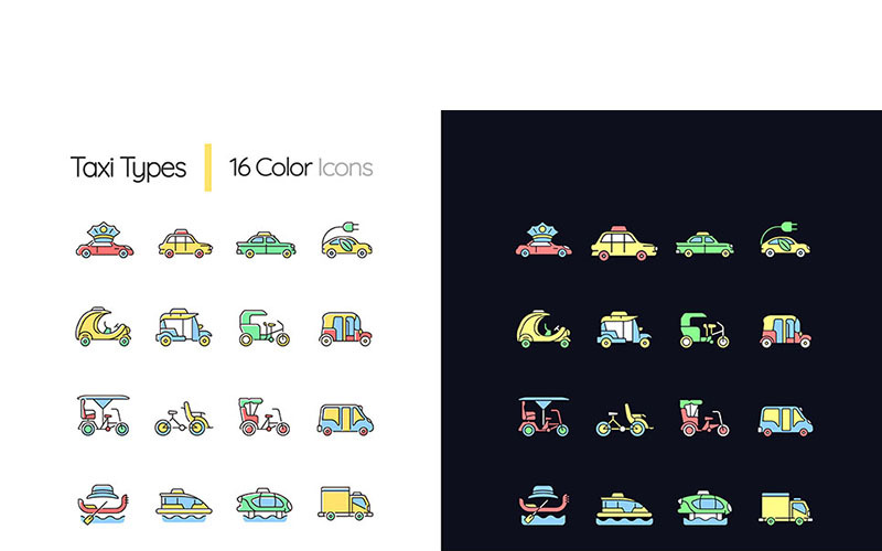 Tipi di taxi Set di icone di colore RGB tema chiaro e scuro
