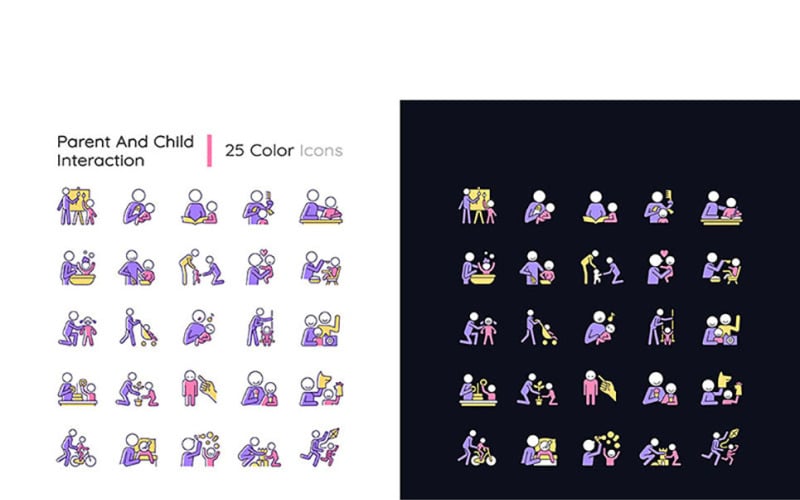 Interacción entre padres e hijos Tema claro y oscuro Conjunto de iconos de colores RGB