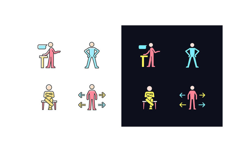 Kommunikationsfähigkeiten helles und dunkles Thema RGB-Farbsymbole eingestellt