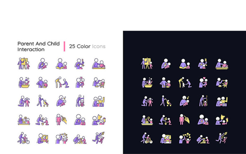 Ouder en kind interactie licht en donker thema RGB-kleur Icons Set