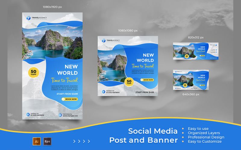 Agência de marketing de viagens - modelos de banner e postagem em mídia social