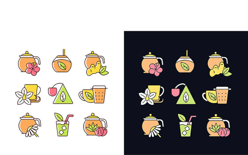 Tee und teeähnliche Getränke helles und dunkles Thema RGB-Farbsymbole eingestellt