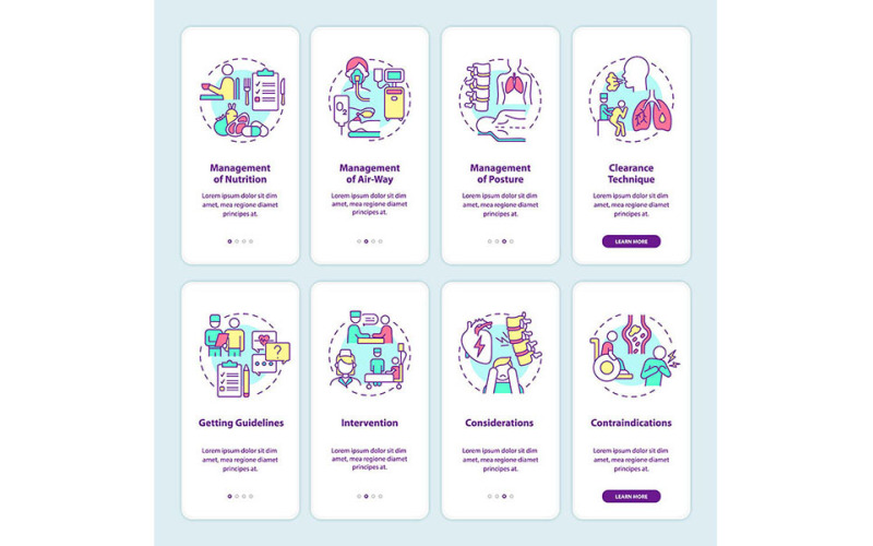 Zotavení plicních nemocí Inboarding Mobile App Page Set Screen Set