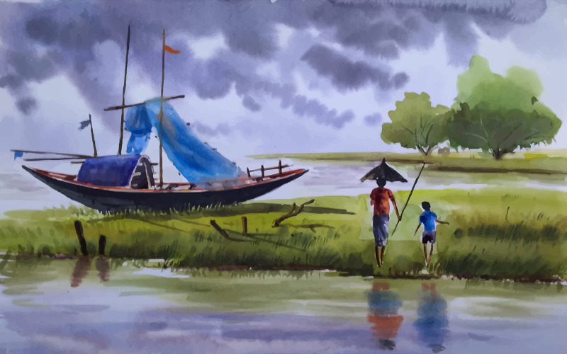 Aquarela paisagem natural de estação chuvosa em um barco que flui em um rio com um lindo momento desenhado à mão