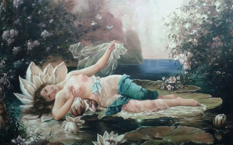 Aquarelle Femme Sexy Laydown Sur L'Aria De Fleurs Avec De Beaux Paysages Illustration Dessinée À La Main