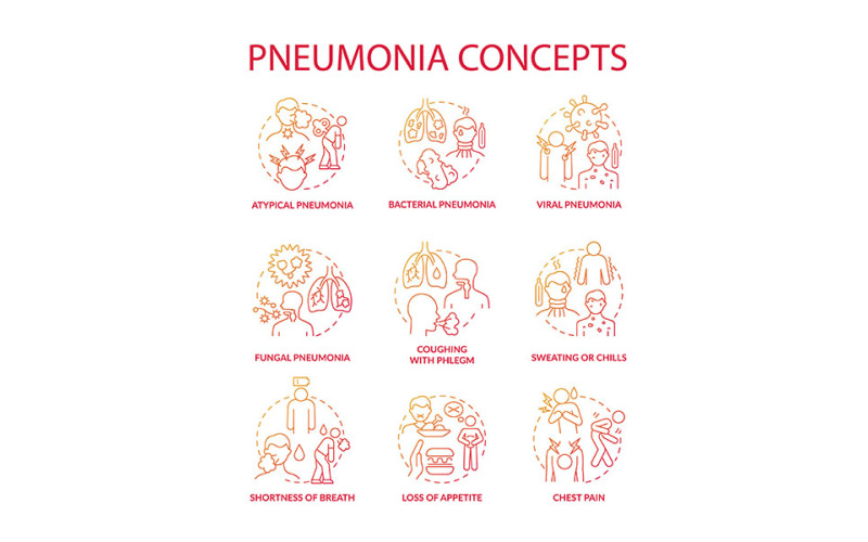 Pneumonie červený přechod koncept ikony nastavit