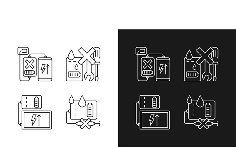 Reglas de uso de Powerbank Iconos de etiquetas manuales lineales establecidos para el modo oscuro y claro