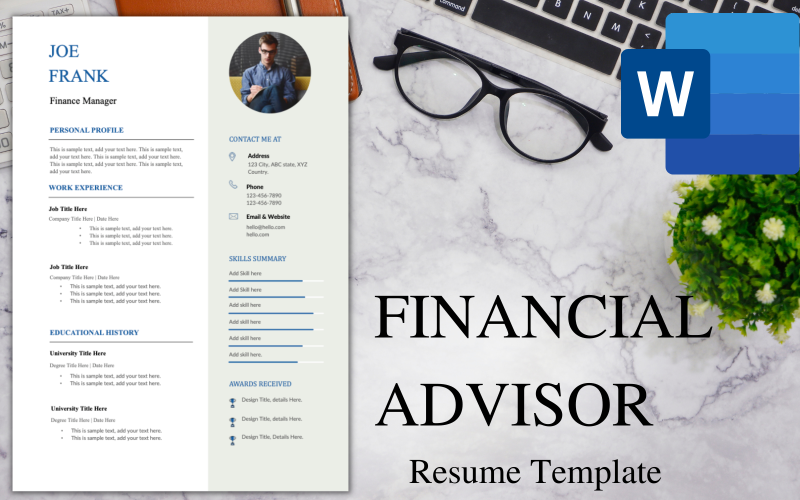 Modèle de curriculum vitae / CV d'une page pour les conseillers financiers.