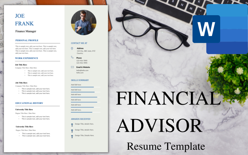 ONE-PAGE Resume / CV Template for Financial Advisors.