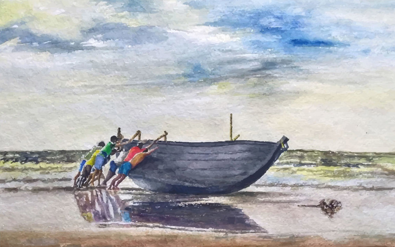 Акварель мужчин пытается напротив лодки красивый момент рисованной иллюстрации