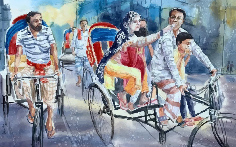 Akvarell háziasszony rikshaw gyönyörű táj, kézzel rajzolt illusztráció