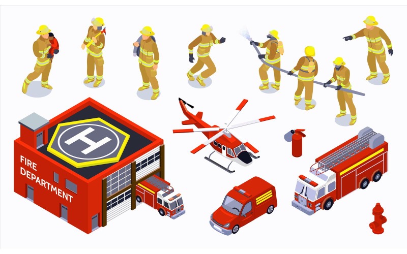 Set di colori isometrico pompiere 201003206 Illustrazione vettoriale Concept