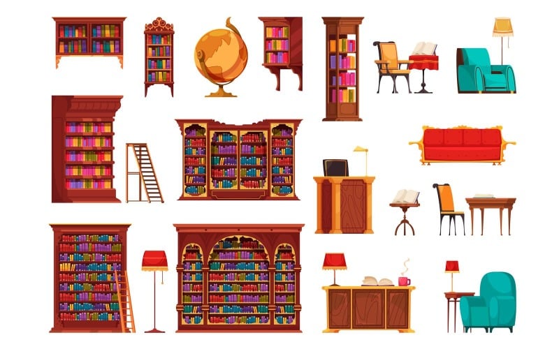 Gamla biblioteksmöbler set 201112602 vektorillustration koncept
