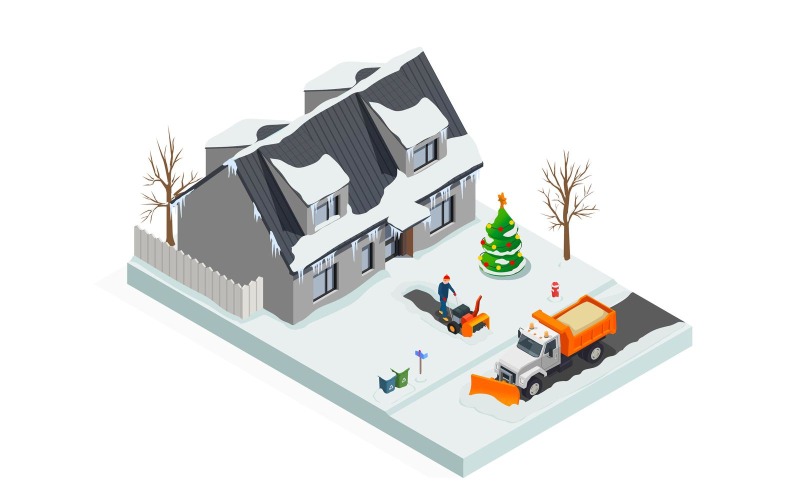 Прибирання снігу машини ізометричні 201220134 Векторні ілюстрації концепції