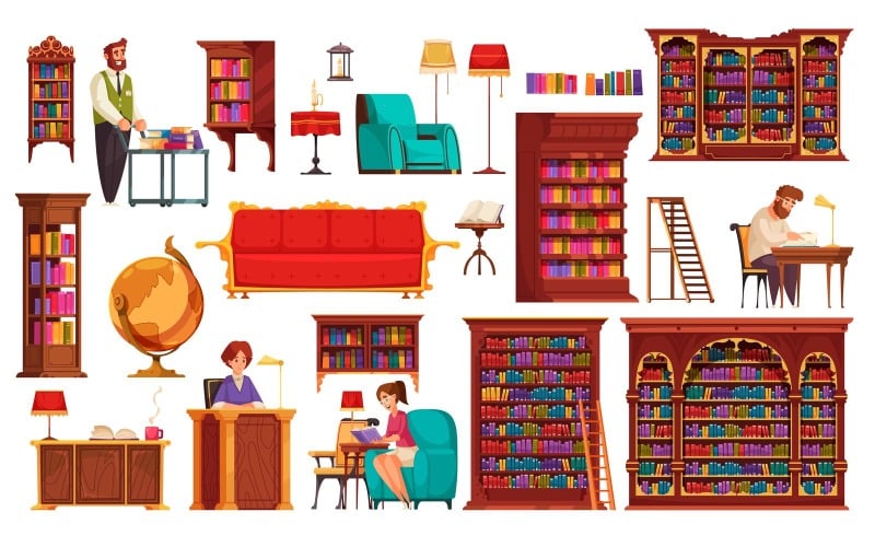 Old Library Book Interior Set 201112601 Vector Illustration Concept