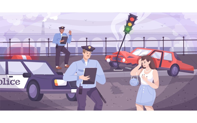Accidente de tráfico de la policía de tráfico plana 201050736 concepto de ilustración vectorial