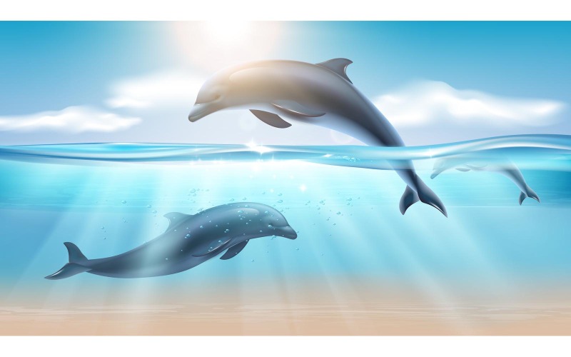 Saut Dauphin Mer Paysage Réaliste 201021129 Concept Illustration Vectorielle
