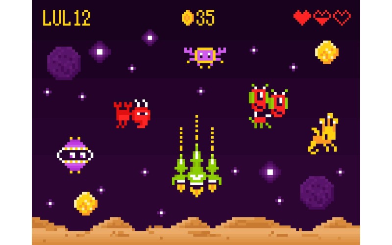 Arcade Bilgisayar Oyun Arayüzü Piksel Sanat-001 200712151 Vektör Çizim Kavramı
