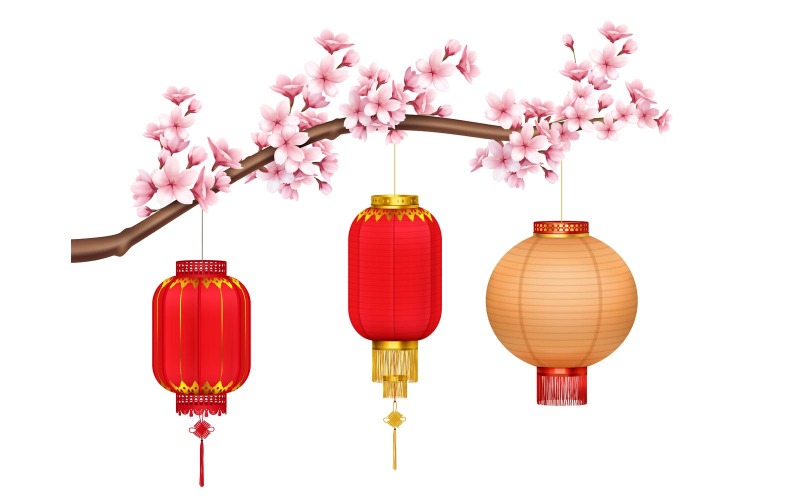 Lanternas chinesas em Sakura Realistic 200221104 Conceito de ilustração vetorial