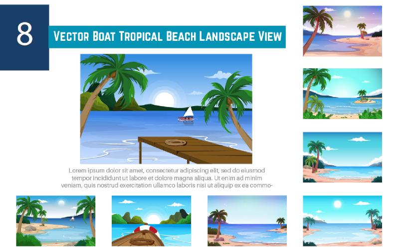 8 wektor łódź widok na tropikalną plażę