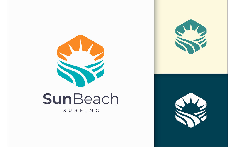 Dalga ve Güneş Şeklinde Modern Okyanus veya Deniz Logosu