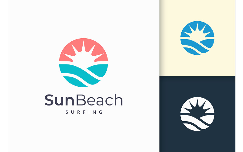 Dalga ve Güneşte Modern Okyanus veya Deniz Logosu