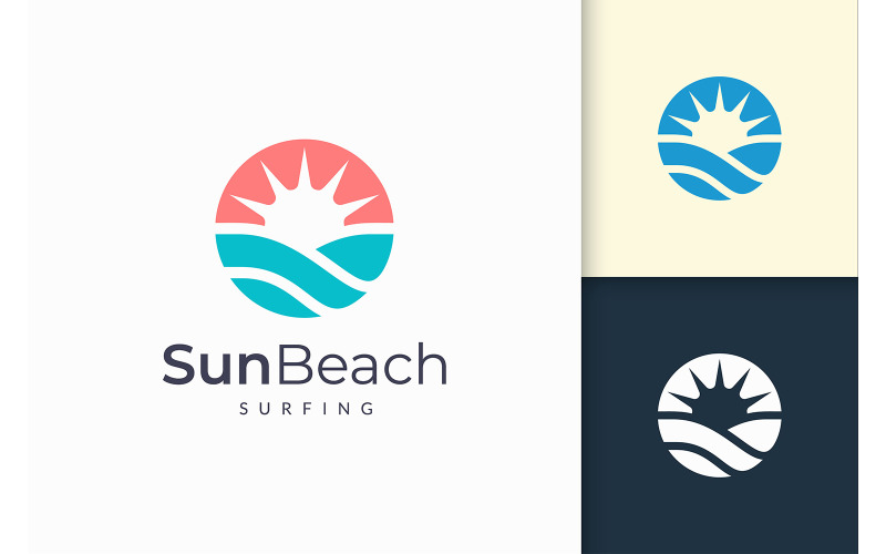 Logo moderno dell'oceano o del mare in onda e sole